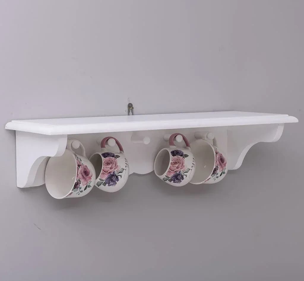 Etajera / raft de perete cu 5 agatatori lemn masiv, 70 x 25 x 16 cm