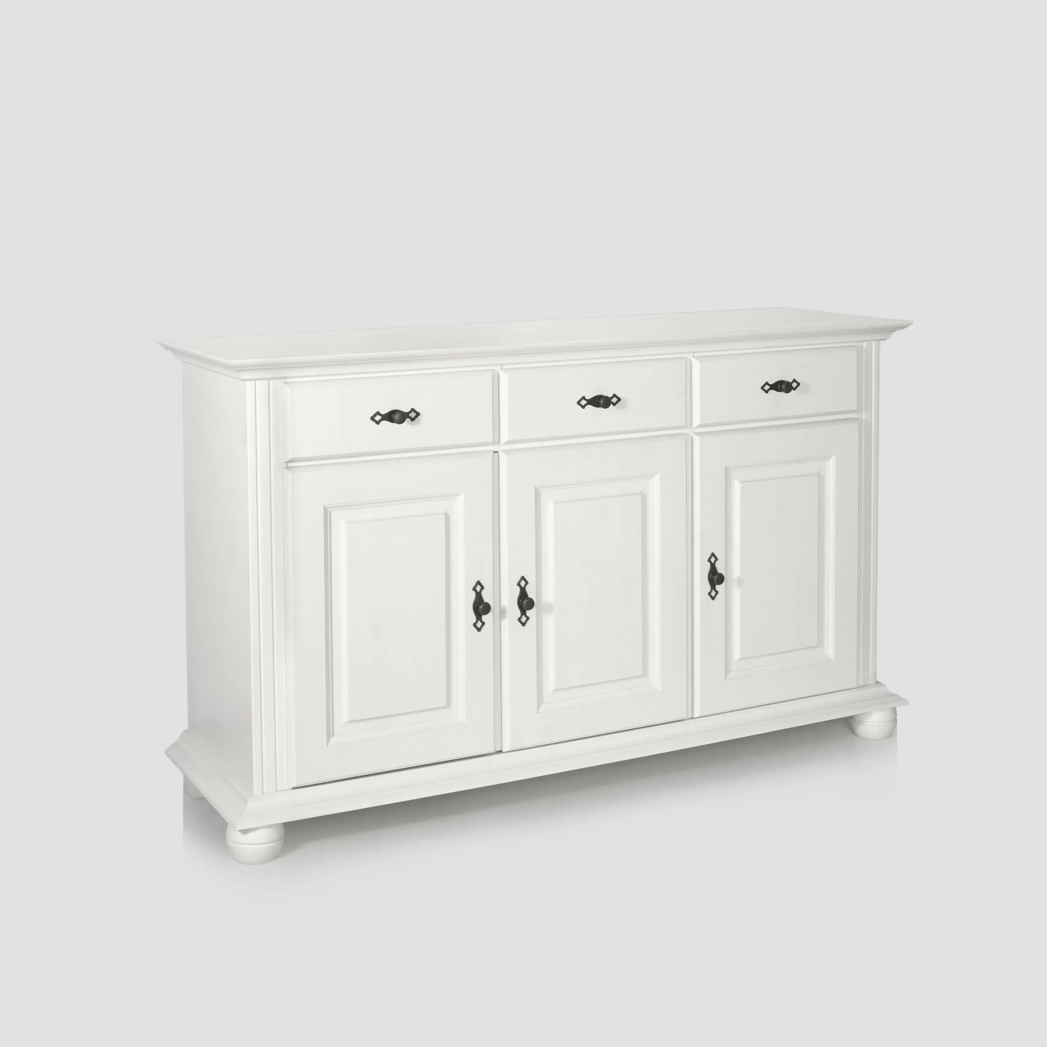Comoda Sara lemn masiv, 3 usi si 3 sertare, 144.3 x 45 x 86.5 cm, alb unt
