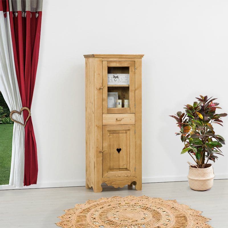 Dulap Vitrina Rustic Flame 2 usi si 1 sertar, Lemn masiv rustic, 66 x 45 x 179 cm