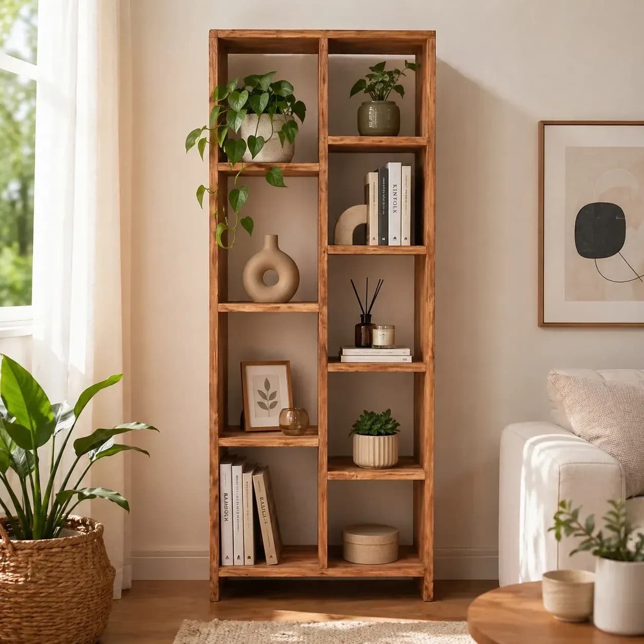 Etajera Toscana Cubic lemn masiv tei, natur antik, 82 x 36 x 201 cm