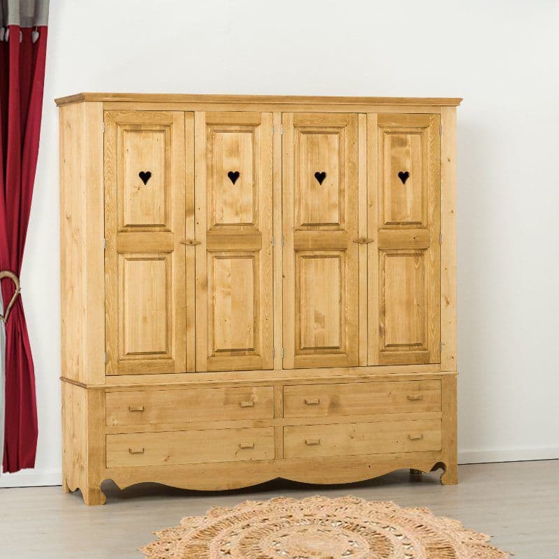 Dulap dormitor Rustic Flame cu 4 usi si 4 sertare, lemn masiv, 202 x 55 x 200 cm