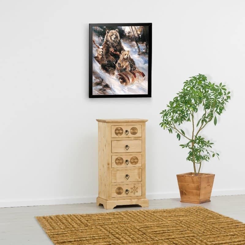 Comoda Ursul Carpatin cu 5 sertare, lemn masiv, 52 x 38 x 103 cm