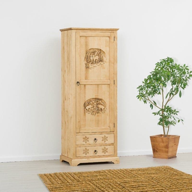 Dulap Ursul Carpatin lemn masiv, 1 usa si 2 sertare, 75 x 55 x 200 cm