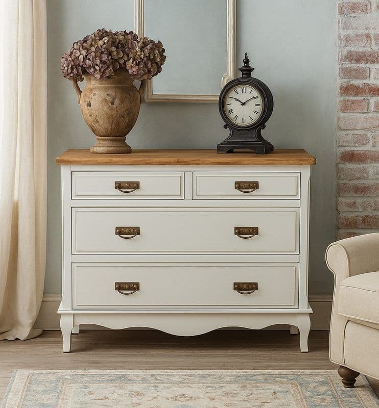 Comoda Toscana Charme lemn masiv tei, alb + natur antik, 107 x 47 x 80 cm