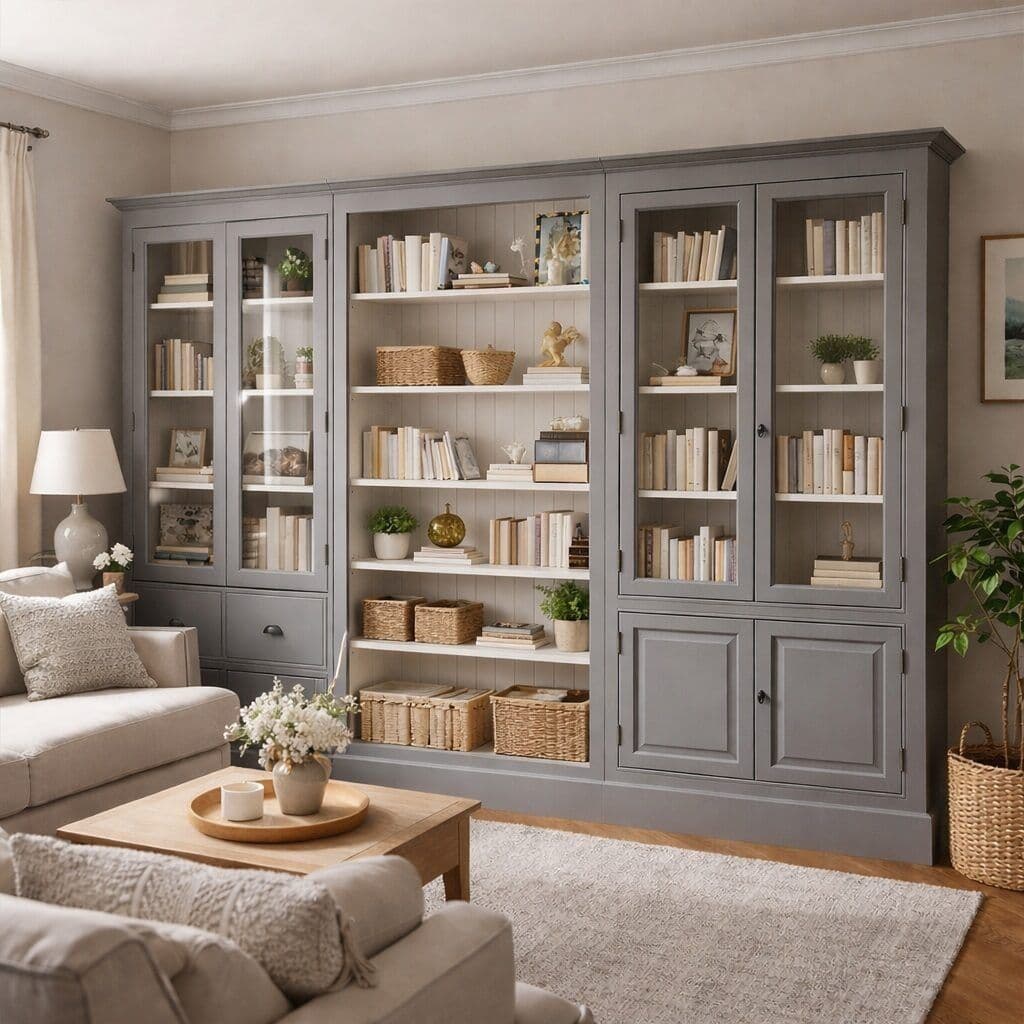 Biblioteca din lemn masiv cu vitrina formata din 3 corpuri, 310 x 39 x 210 cm