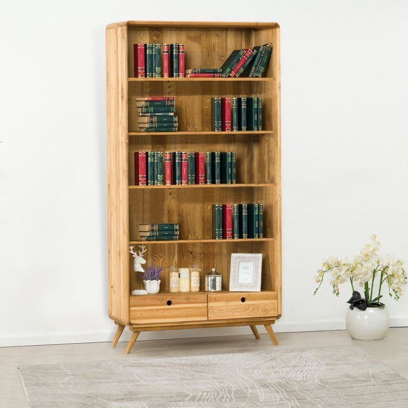 Biblioteca cu 2 sertare si 4 etajere Sahara, Lemn masiv rustic periat, 100 x 40 x 200 cm
