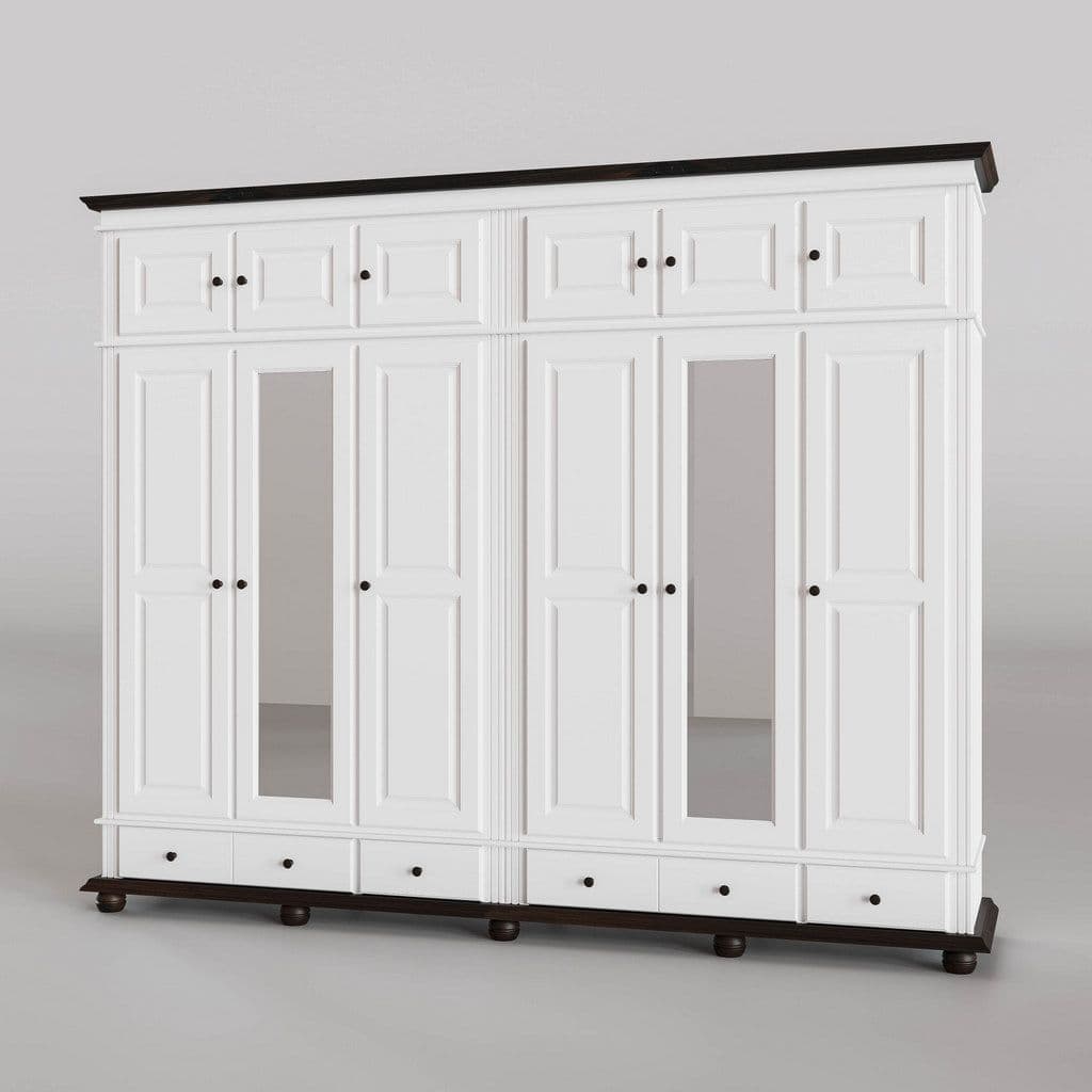 Dulap inalt Sara 6 + 6 usi si 4 sertare lemn masiv, 296 x 58 x 241 cm, alb unt + nuc