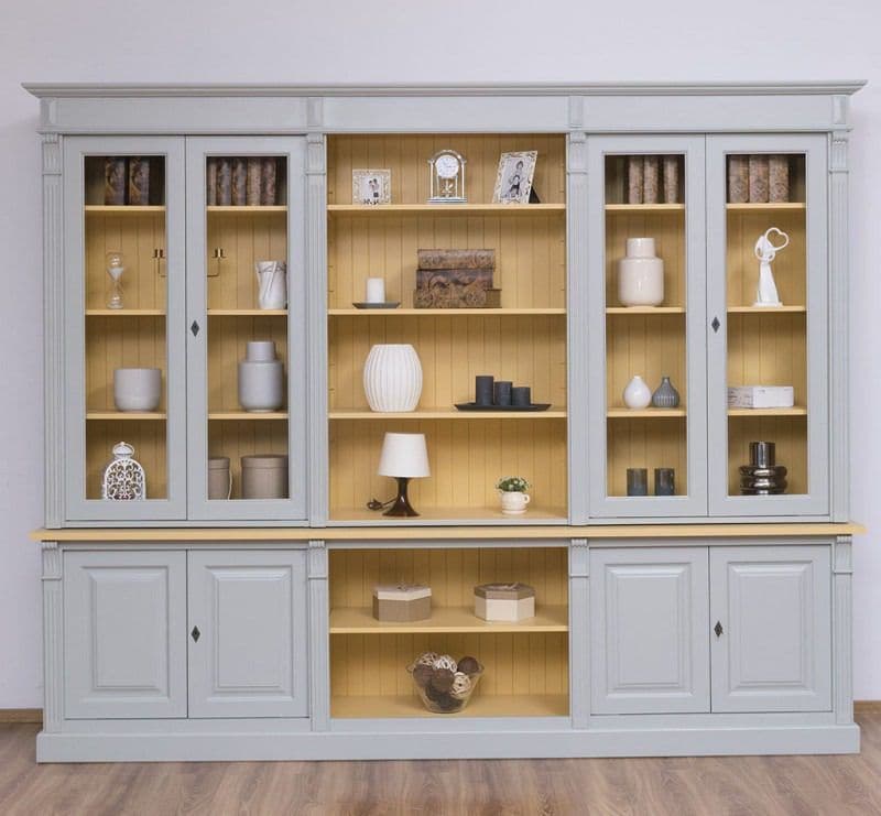 Biblioteca lemn masiv, 2 vitrine + bufet 4 usi + etajera, 286 x 51 x 228 cm