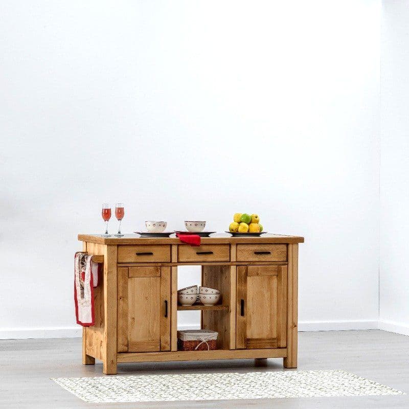 Insula de bucatarie Ecuador cu doua fete, 4 usi si 3 sertare, Lemn masiv rustic, 134 x 62 x 85 cm